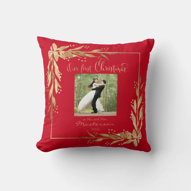 Our First Christmas Photo Gold Wreath on Red Throw Pillow (Front)
