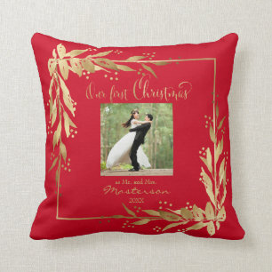 Our First Christmas Photo Gold Wreath on Red Throw Pillow