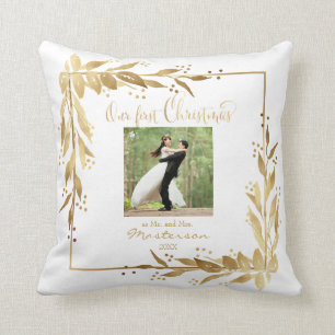 Our First Christmas Photo Gold Wreath on White Throw Pillow