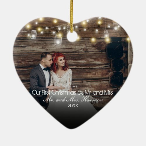 Our First Christmas Photo Mason Jars String Lights Ceramic Ornament