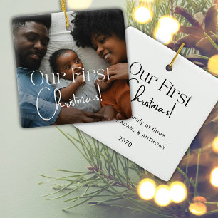 Our First Christmas Photo Minimalist Calligraphy  Ceramic Ornament
