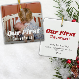 Our First Christmas Photo Modern Calligraphy Ceramic Ornament