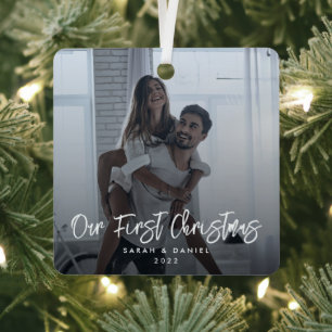 Our First Christmas Photo Modern Minimal Elegant Metal Ornament