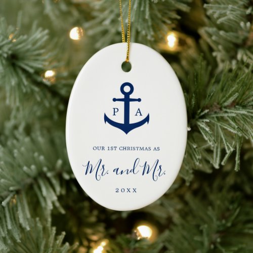 Our First Christmas Photo Monogram Nautical Gay Ceramic Ornament