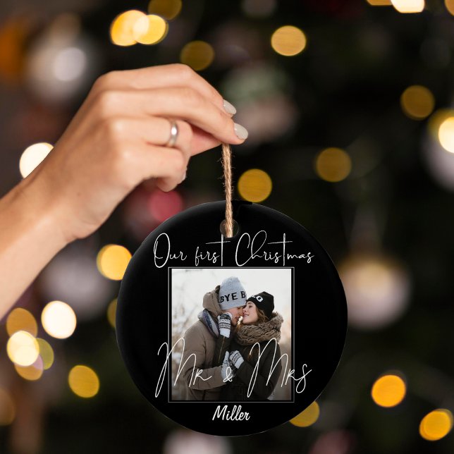 Our First Christmas Photo Mr Mrs Newlywed Keepsake Ceramic Ornament (Custom | Our First Christmas as Mr & Mrs Photo Ceramic Ornament)