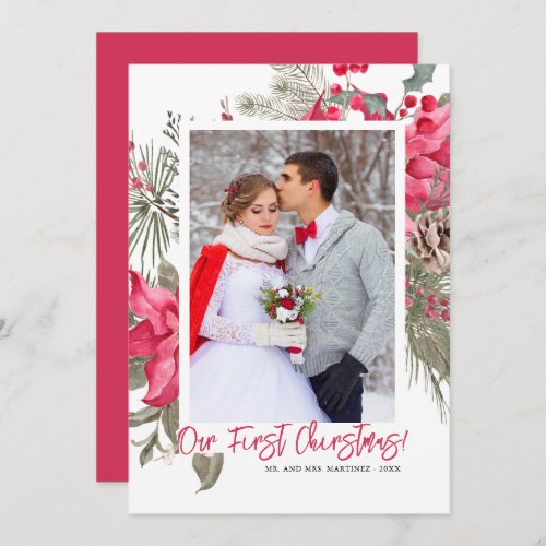 Our First Christmas Photo Red Poinsettia Elegant Holiday Card