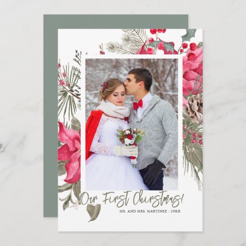 Our First Christmas Photo Red Poinsettia Elegant Holiday Card