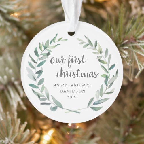 Our First Christmas Photo Rustic Greenery Newlywed Ornament