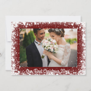 Our First Christmas Photo Snow Typography Red Holiday Card