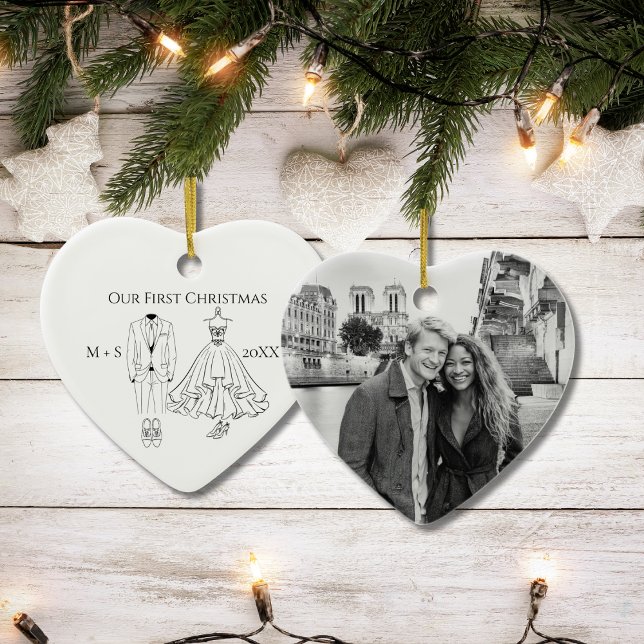 Our First Christmas Photo Wedding Dress Suit Cute Ceramic Ornament (Creator Uploaded)