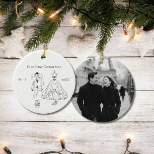 Our First Christmas Photo Wedding Dress Suit Cute Ceramic Ornament
