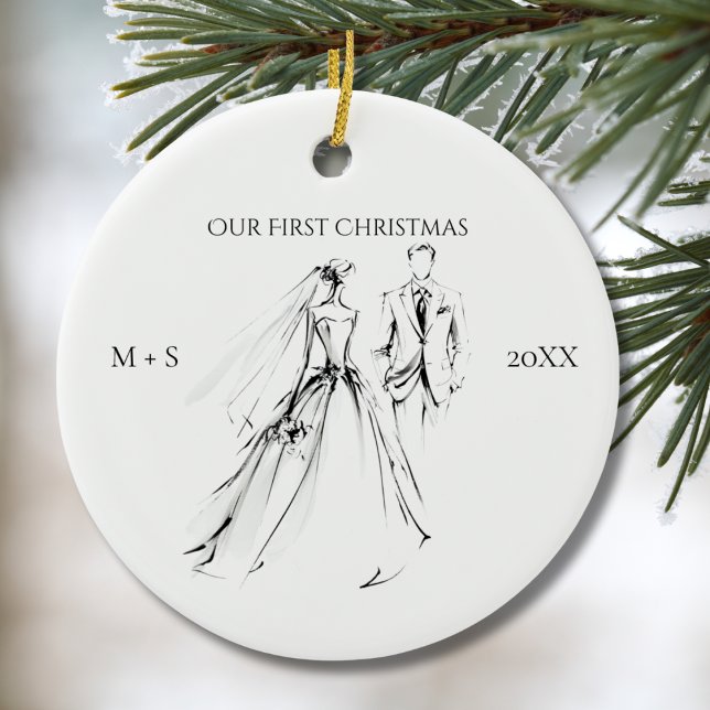 Our First Christmas Photo Wedding Dress Suit Cute Ceramic Ornament (Creator Uploaded)