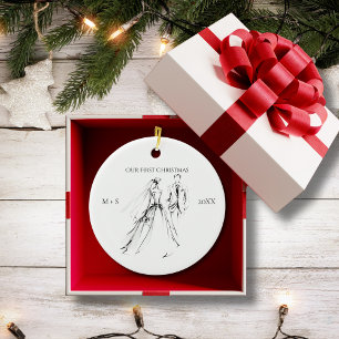 Our First Christmas Photo Wedding Dress Suit Cute Ceramic Ornament