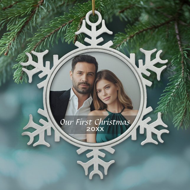 Our First Christmas Photo with Custom Year Snowflake Pewter Christmas Ornament (Personalized Photo Ornament - First Christmas)