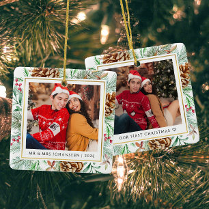 Our First Christmas Photos Greenery Watercolor Ceramic Ornament