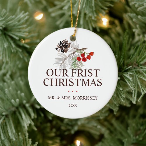 Our First Christmas Pine Cone Berries Photo Ceramic Ornament