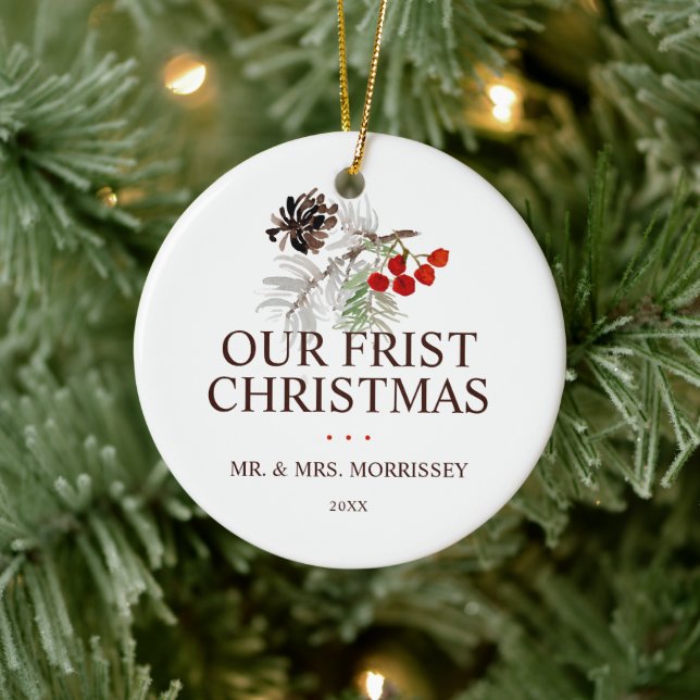 Our First Christmas Pine Cone Berries Photo Ceramic Ornament (Tree)