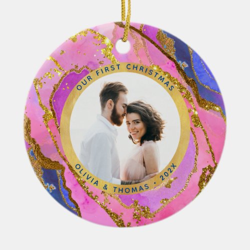 Our First Christmas  Pink Blue Gold Geode Photo C Ceramic Ornament