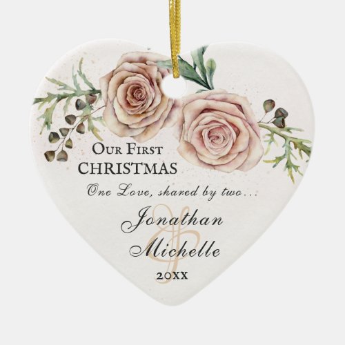 Our First Christmas Pink Floral Bible Verse Ceramic Ornament