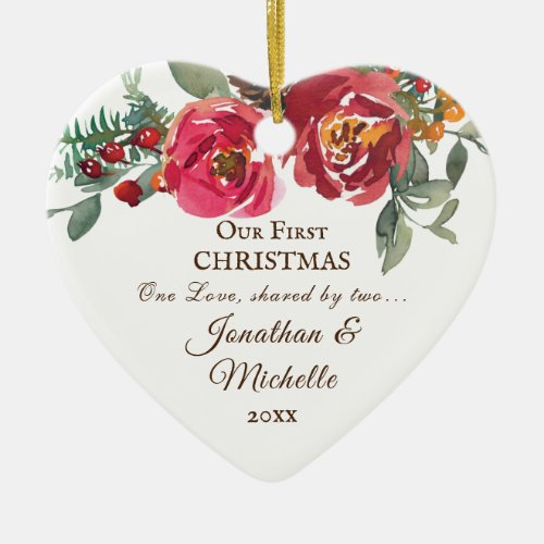 Our First Christmas Pink Red Roses Inspirational Ceramic Ornament