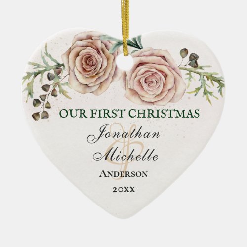 Our First Christmas Pink Roses Bible Verse Ceramic Ornament