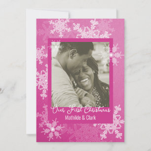 Our First Christmas Pink Snowflakes Minimalist  Holiday Card