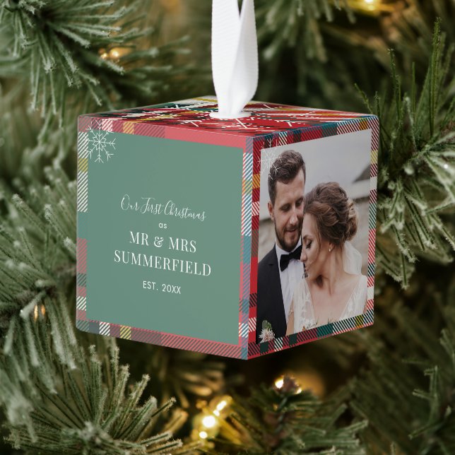 Our First Christmas Plaid Wedding Photo Cube Ornament (Tree)