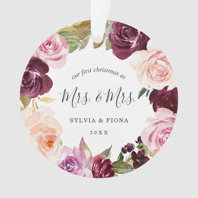 Our First Christmas Plum Floral Photo Lesbian Ornament (Front)