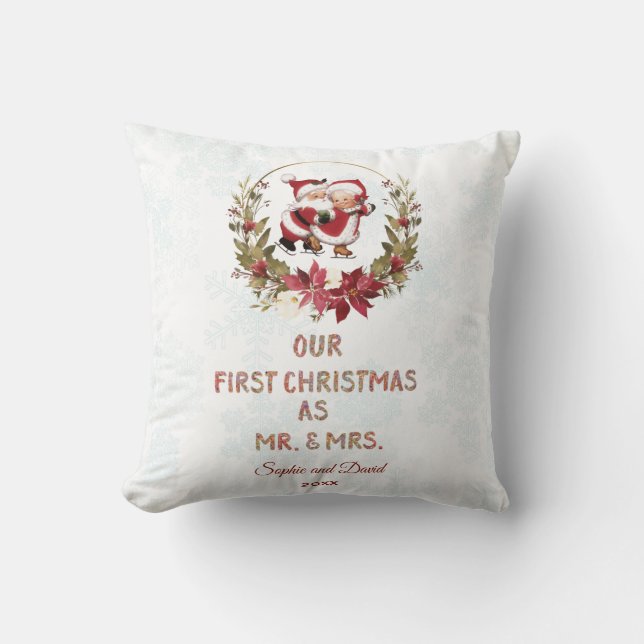 Our First Christmas Poinsettia Wreath Snowflakes Throw Pillow (Front)