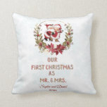 Our First Christmas Poinsettia Wreath Snowflakes Throw Pillow<br><div class="desc">Elegant and romantic design featuring Mrs and Mr SANTA,  a beautful poinsettia wreath and sparkles faux sequins OUR FIRST CHRISTMAS typography. Use Customize tool to add your info and text. For more,  visit,  please,  my Our First Christmas Collection.</div>