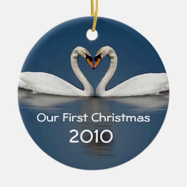Our First Christmas Pretty Swans Ceramic Ornament (Front)