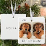 Our First Christmas Puppy Dogs Landscape Photo Ceramic Ornament<br><div class="desc">Create your own adorable Christmas ornament for your puppy dogs first christmas. This minimalist style design is lettered with trendy skinny font typography in black and white. The photo template is set up for you to add one of your favorite pictures, which will be displayed in landscape format.The wording is...</div>