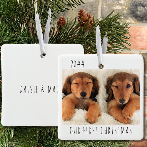 Our First Christmas Puppy Dogs Landscape Photo Ceramic Ornament