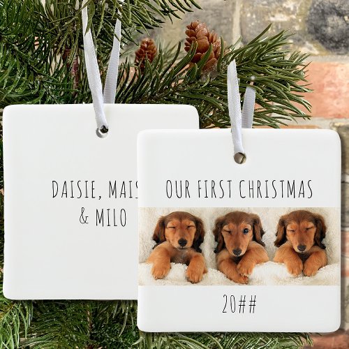 Our First Christmas Puppy Dogs Panoramic Photo Ceramic Ornament