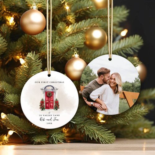 Our First Christmas Red Door Couple Photo Keepsake Ceramic Ornament