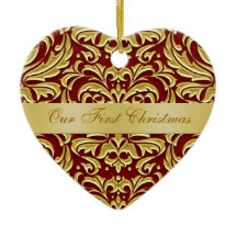 Our First Christmas Red Gold Damask Ornament
