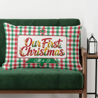 Our First Christmas Red Green Plaid Monograms Lumbar Pillow