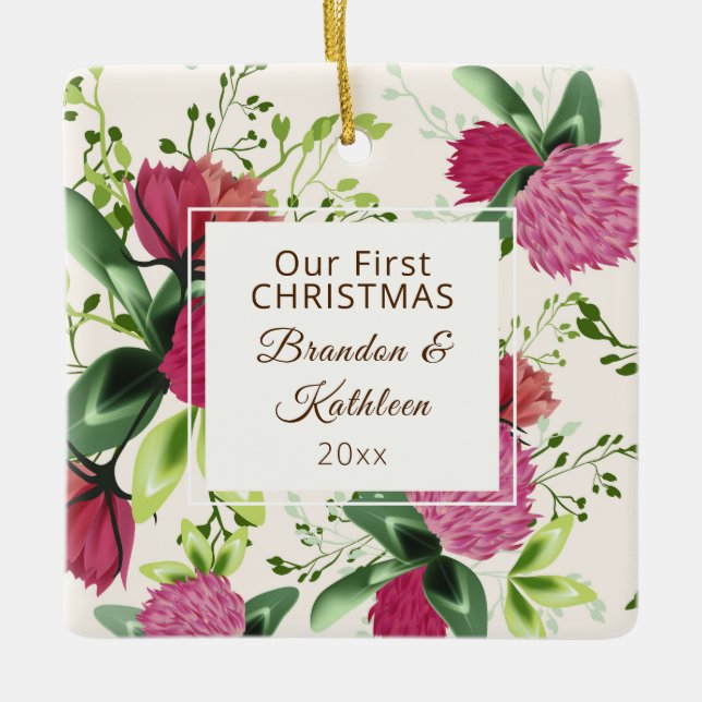 Our First Christmas Red Pink Green Clover Floral Ceramic Ornament (Front)