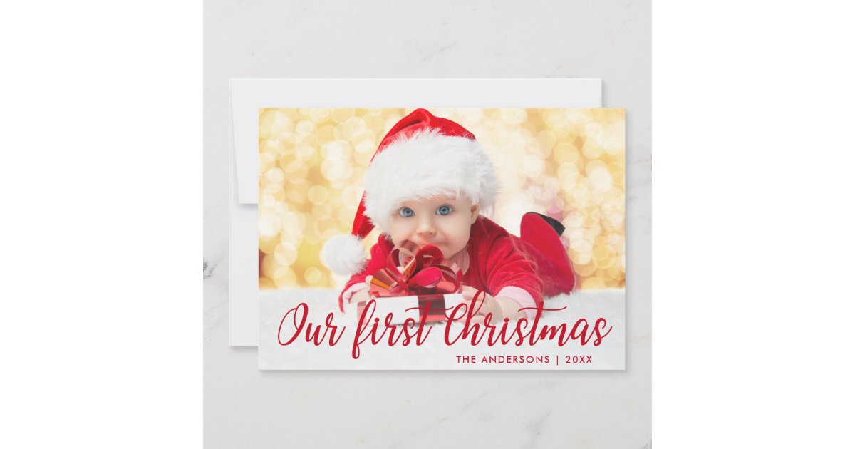 First Christmas Script Our First Christmas Red Script Photo Card | Zazzle