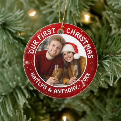 OUR FIRST CHRISTMAS Red White Ceramic Ornament