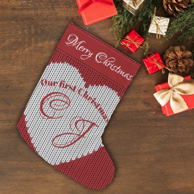 Our First Christmas Red Woolen Knit Heart Monogram Large Christmas Stocking (Creator Uploaded)