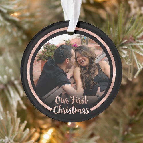 Our First Christmas Rose Gold Script Photo Ornament