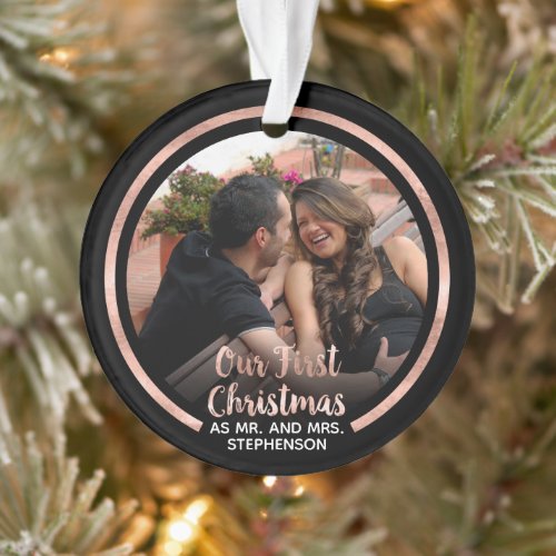 Our First Christmas Rose Gold Script Photo Ornament