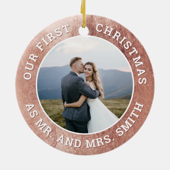 Our First Christmas Rose Gold Snowflake Picture Ceramic Ornament (Back)