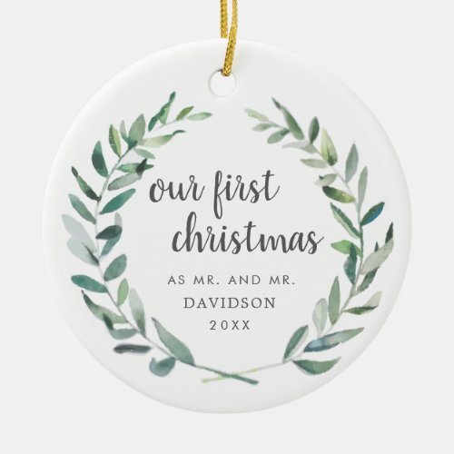Our First Christmas Rustic Gay Newlywed Photo Ceramic Ornament