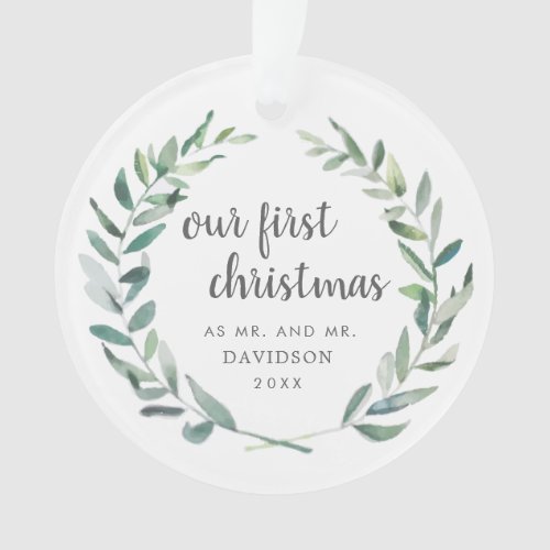 Our First Christmas Rustic Gay Newlywed Photo Ornament