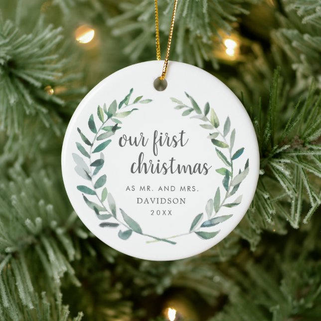 Our First Christmas Rustic Greenery Photo Newlywed Ceramic Ornament (Tree)