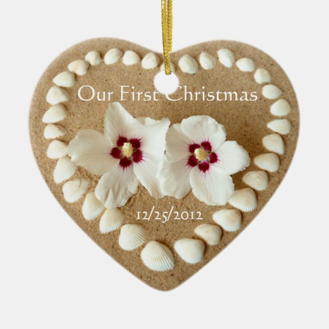 Our First Christmas - Sandy Beach with Heart Shell Ceramic Ornament (Front)