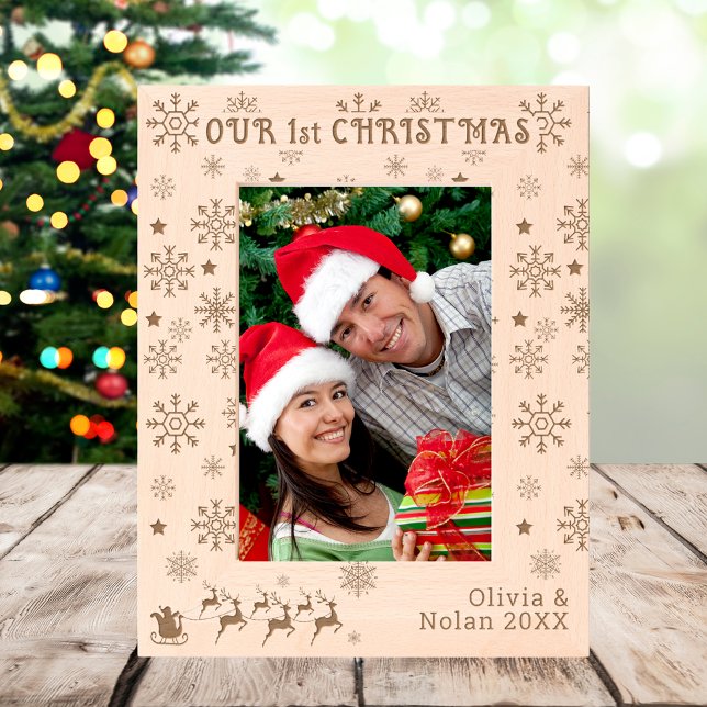 Our First Christmas Santa & Deer Couple's Name 5x7 Engraved Frames (Our First Christmas Santa & Deer Couple's Name 5x7 Etched Frames)