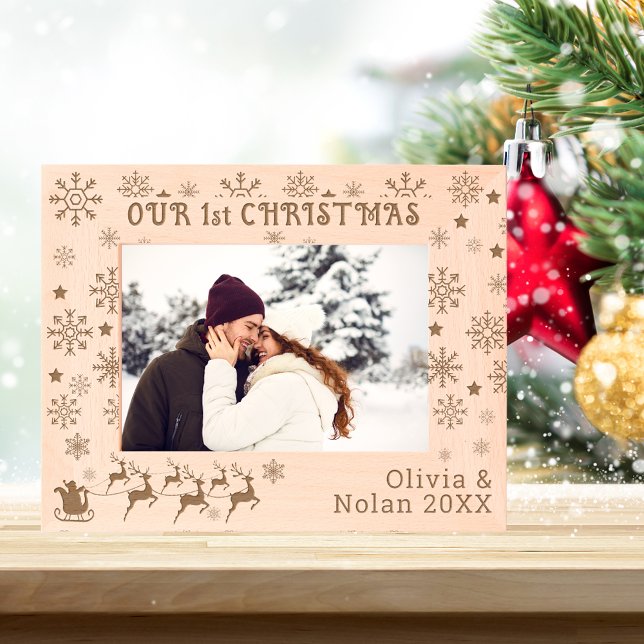 Our First Christmas Santa & Deer Couple's Name 7x5 Engraved Frames (Our First Christmas Santa & Deer Couple's Name 7x5 Etched Frames)